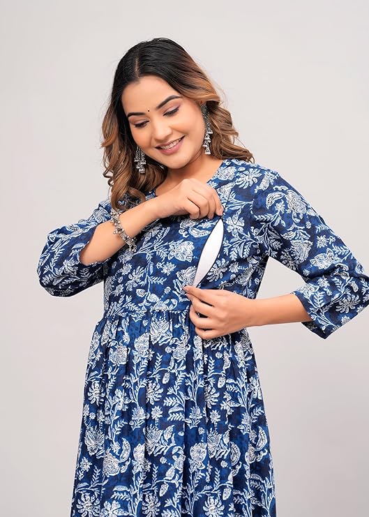 Anarkali Poly Crepe Printed Kurti for Women (Grey & Blue, M)