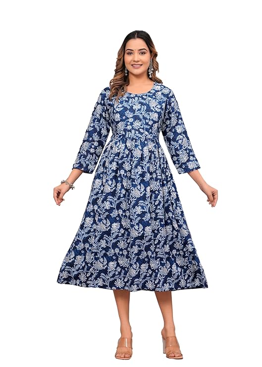 Anarkali Poly Crepe Printed Kurti for Women (Grey & Blue, M)