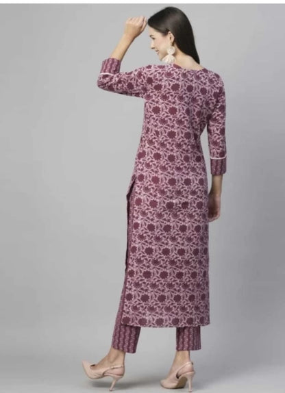 Floral Printed Women Cotton Women Kurta With Pant (2 Psc Set)