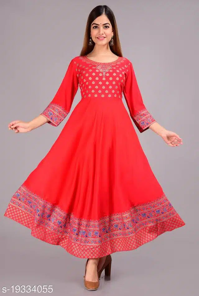 Rayon Printed Anarkali Kurti for Women (Red, S)