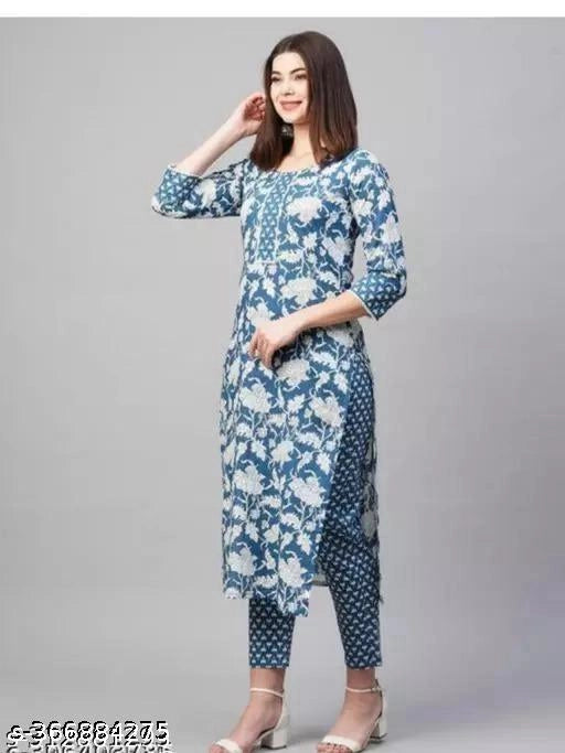 Cotton Printed Kurti with Pant for Women (Multicolor, S)