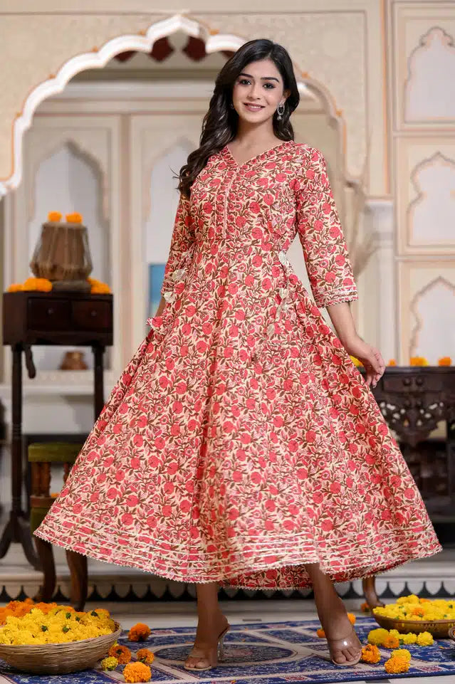 Cotton Printed Anarkali Kurti for Women (Red, M)