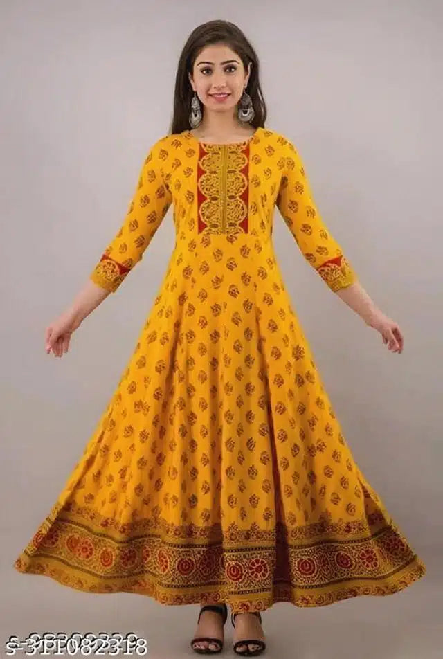 Anarkali Rayon Printed Kurti for Women (Orange, S)