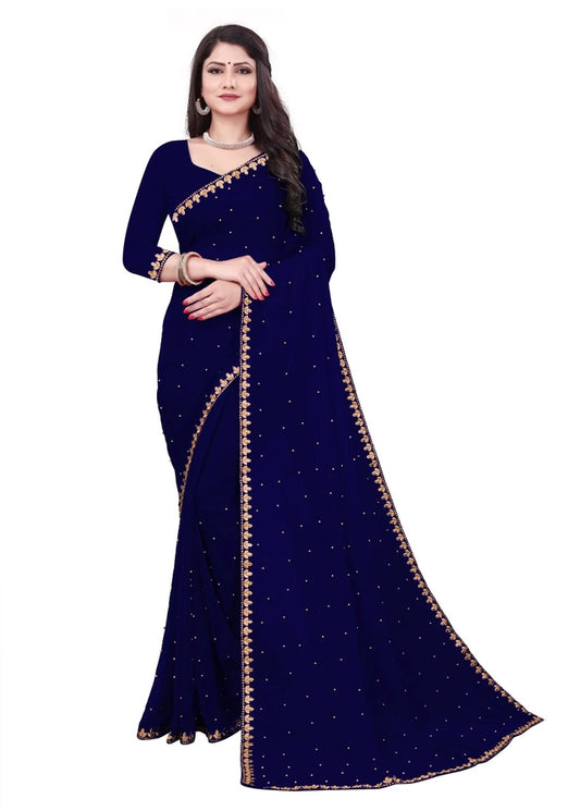 Lycra Blend Solid Saree for Women (Navy Blue, 6.3 m)