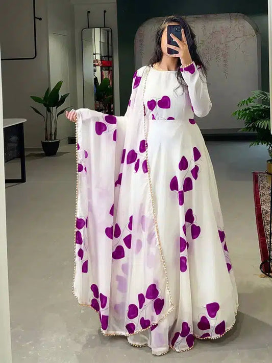 Georgette Printed Gown with Dupatta for Women (Purple & White, M)