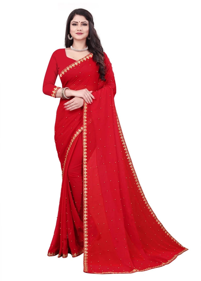 Lycra Blend Solid Saree for Women (Red, 6.3 m)